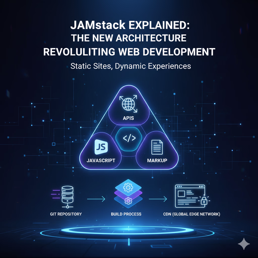 JavaScript、APIs、Markupの3要素を中心としたJamstackの仕組みと、GitからCDN（エッジネットワーク）へのデプロイフローを示す図解画像。
