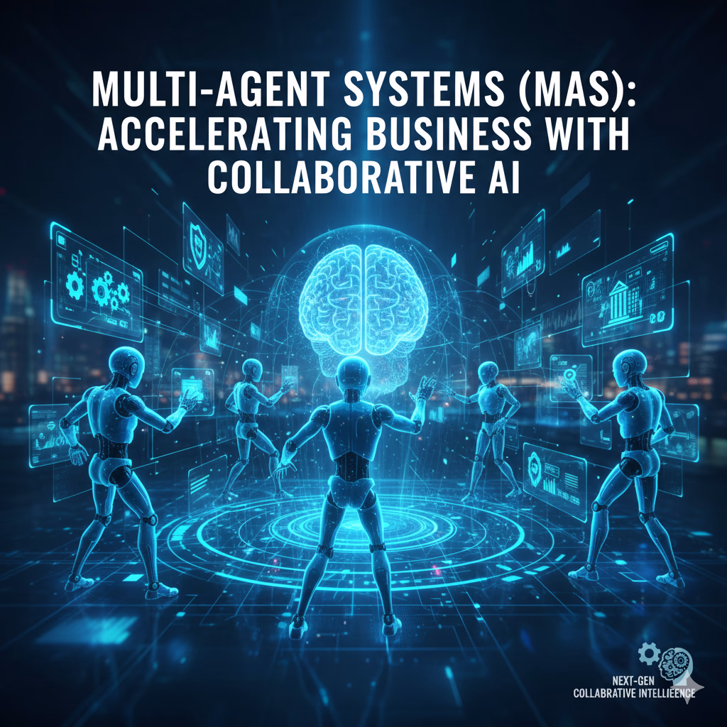 複数のAIエージェントが円状に並び、中央の巨大な脳のホログラムに向かってデータを共有・操作しながら、複雑なタスクを共同で解決している未来的なビジュアル