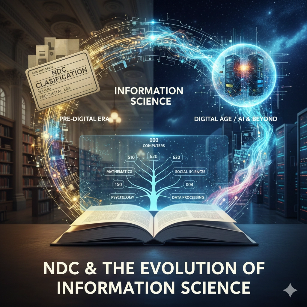図書館の古い書庫と現代のデータセンターが融合した背景に、NDCの分類番号や「INFORMATION SCIENCE」の文字が浮かび上がるイメージ画像