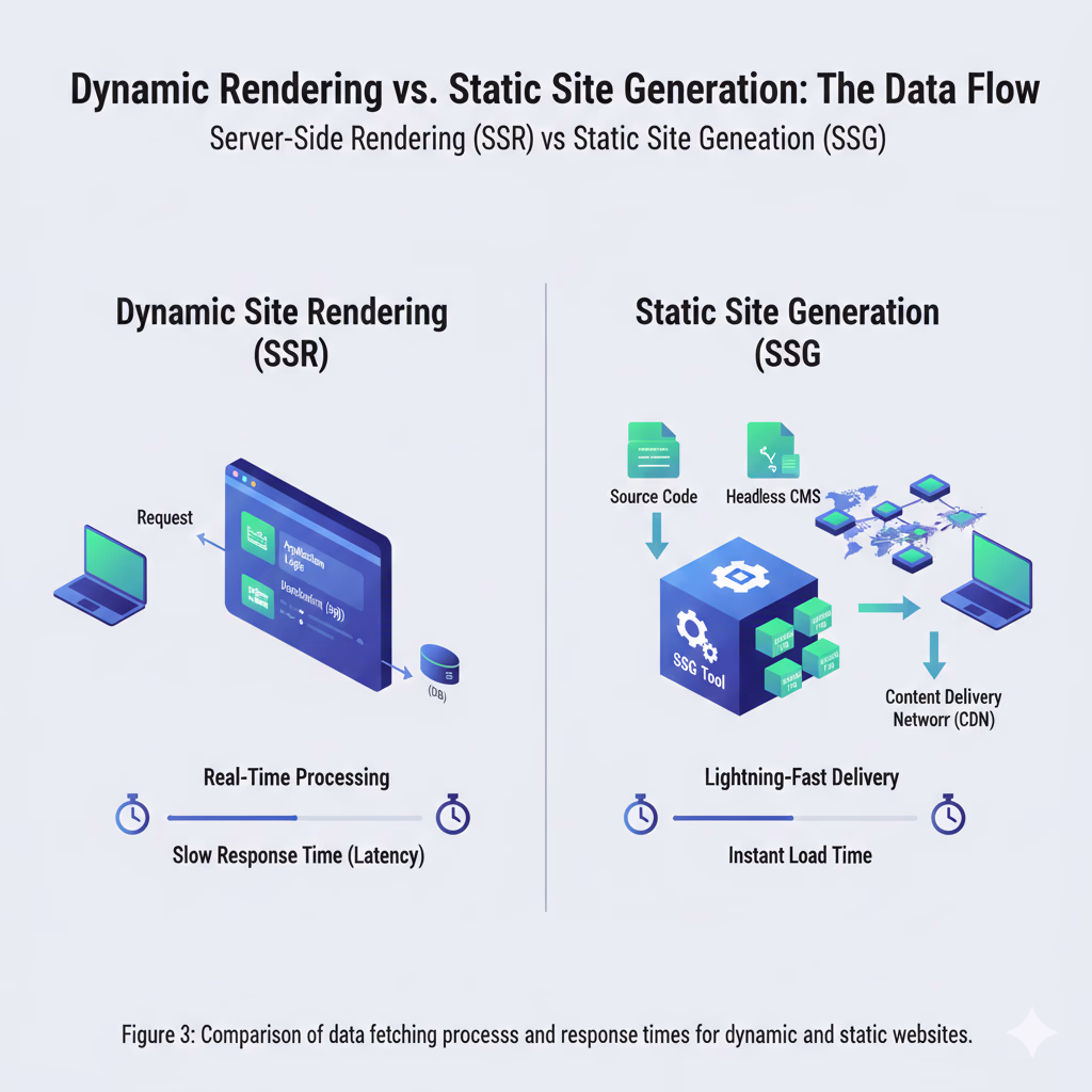 静的サイト（SSG）と動的サイト（SSR）の構造比較