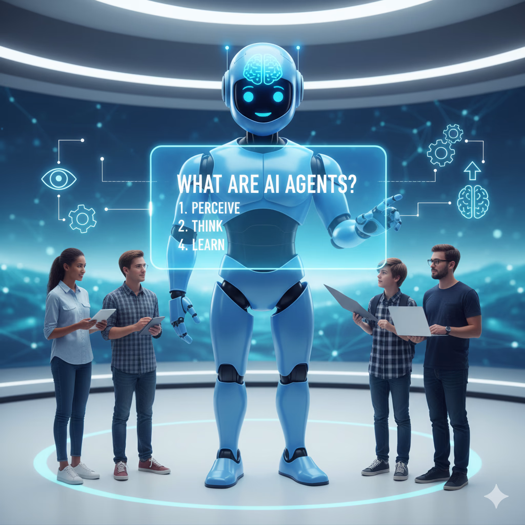 明るい未来的な空間で、巨大なAIロボット（エージェント）が「WHAT ARE AI AGENTS?」というホログラムを表示し、4人の人々（大人と子供）が興味深く見ている様子。AIの機能を示すアイコンも描かれている。
