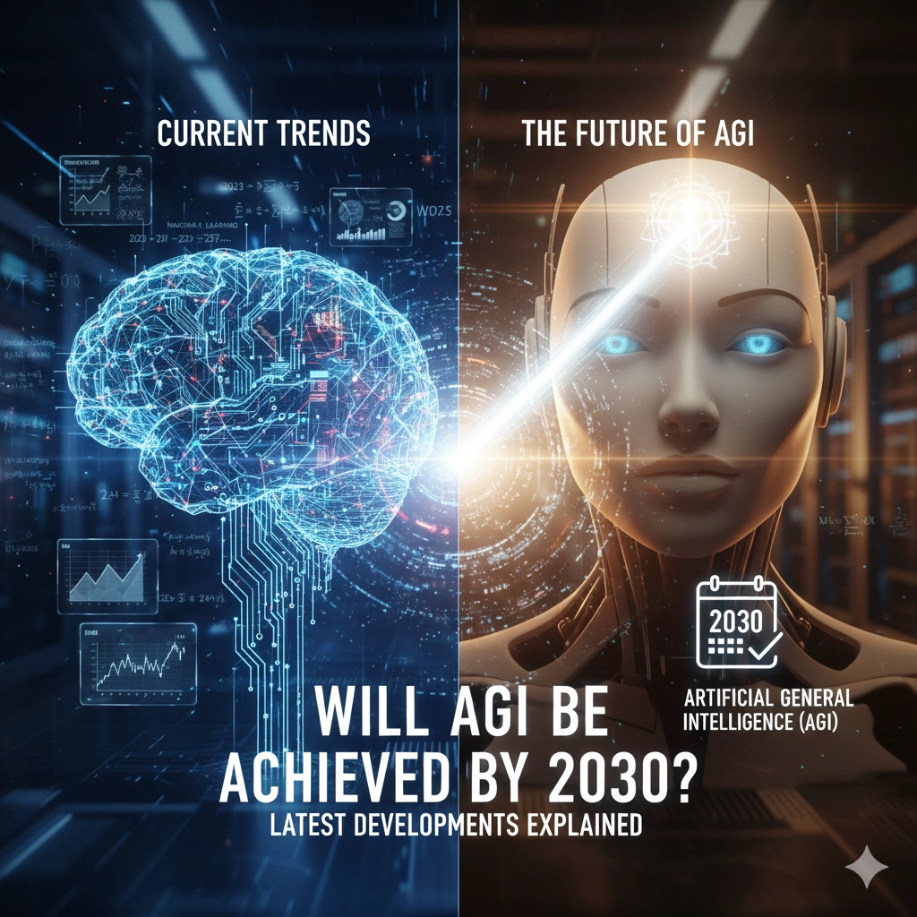 デジタルネットワークで構成された脳（左側）と、人間のような外見を持つ高度なAIロボット（右側）が融合し、中央に「WILL AGI BE ACHIEVED BY 2030?」という文字が配されたビジュアルイメージ