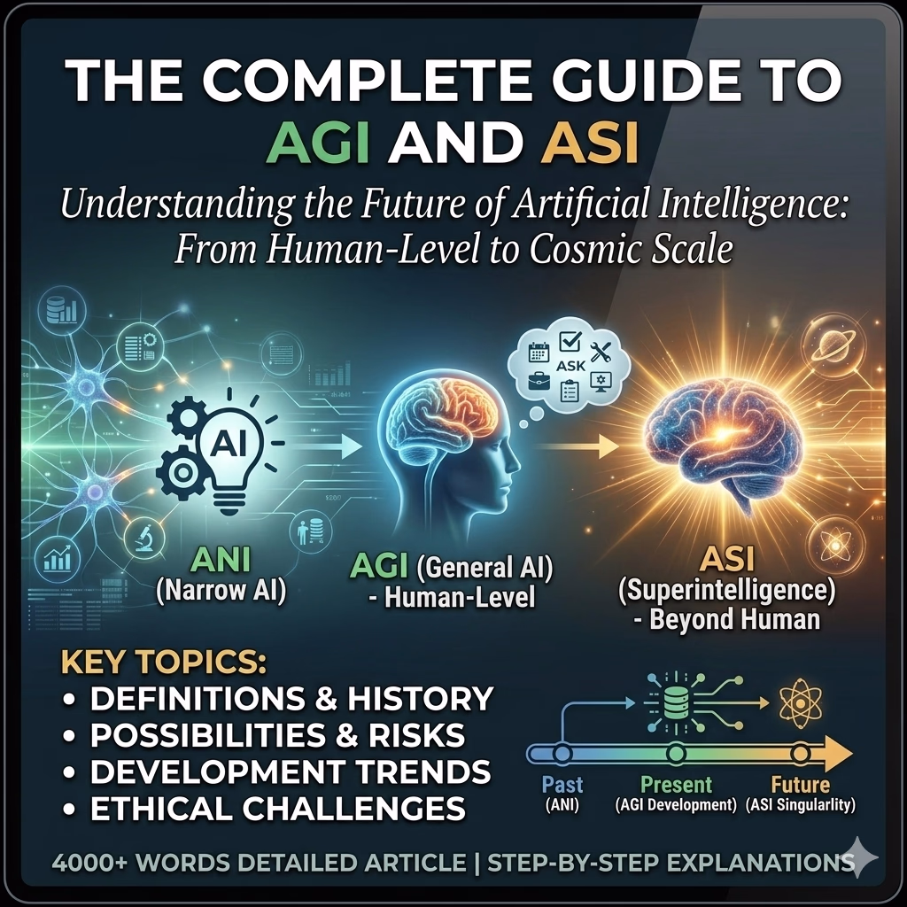 A diagram showing the evolution of AI from Narrow AI (ANI) to Artificial General Intelligence (AGI) at human-level, and finally to Artificial Superintelligence (ASI) beyond human capacity, with key topics like risks and ethics.