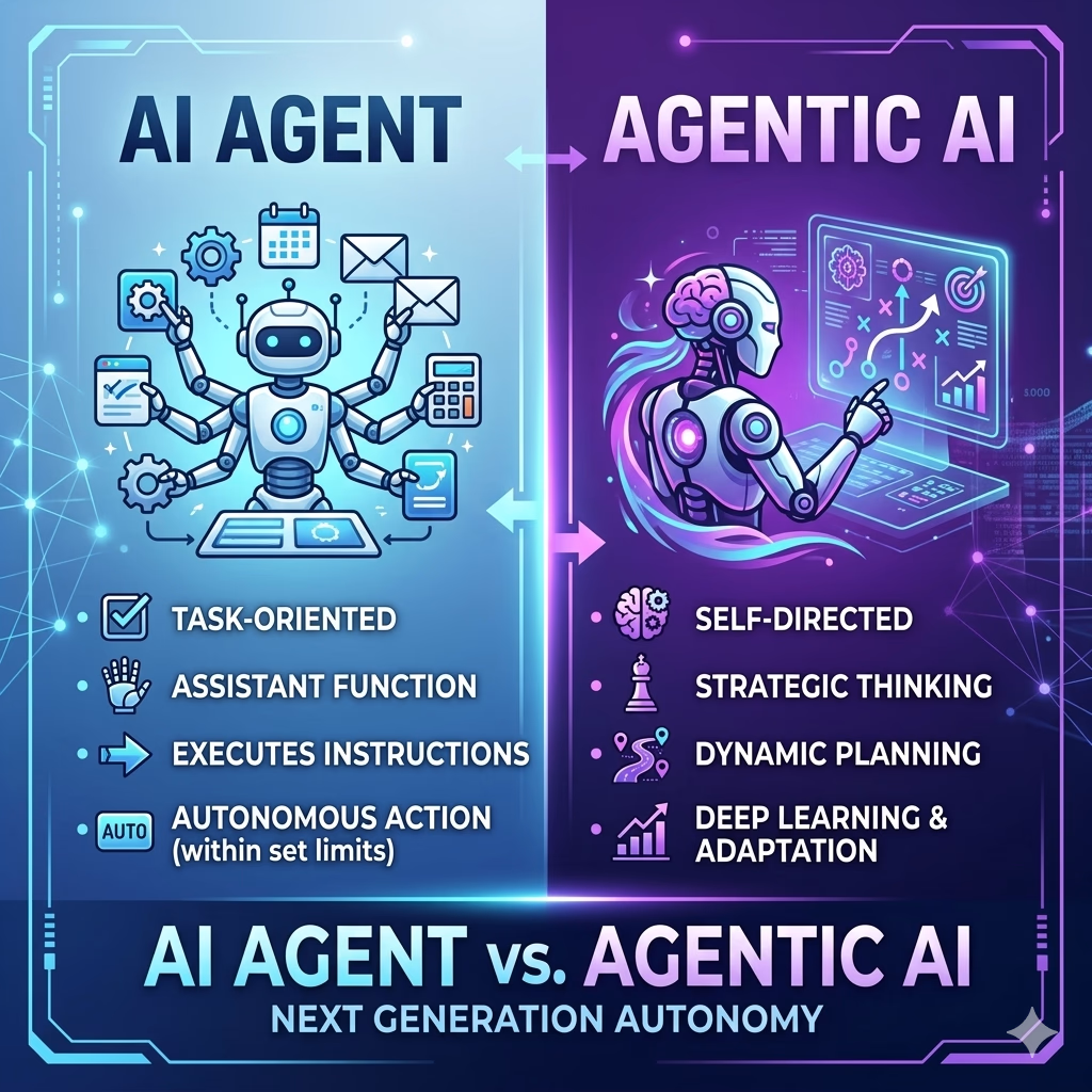 A comparative infographic showing AI Agent (blue, task-oriented) and Agentic AI (purple, strategic thinking) features. Illustrates the transition from basic autonomous action to next-generation autonomy.