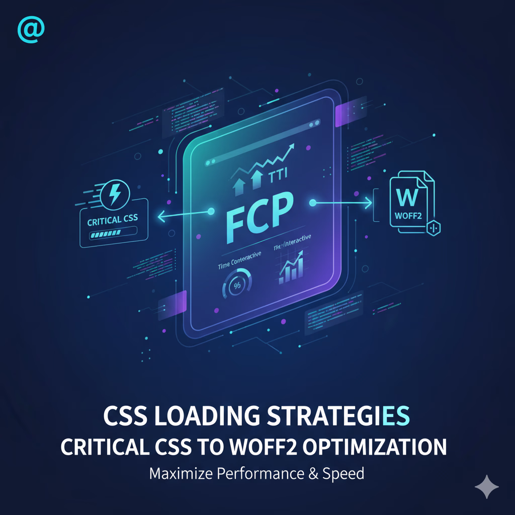 Infographic showing web performance metrics like FCP and TTI, with icons for Critical CSS and WOFF2, titled 'CSS LOADING STRATEGIES: CRITICAL CSS TO WOFF2 OPTIMIZATION'.