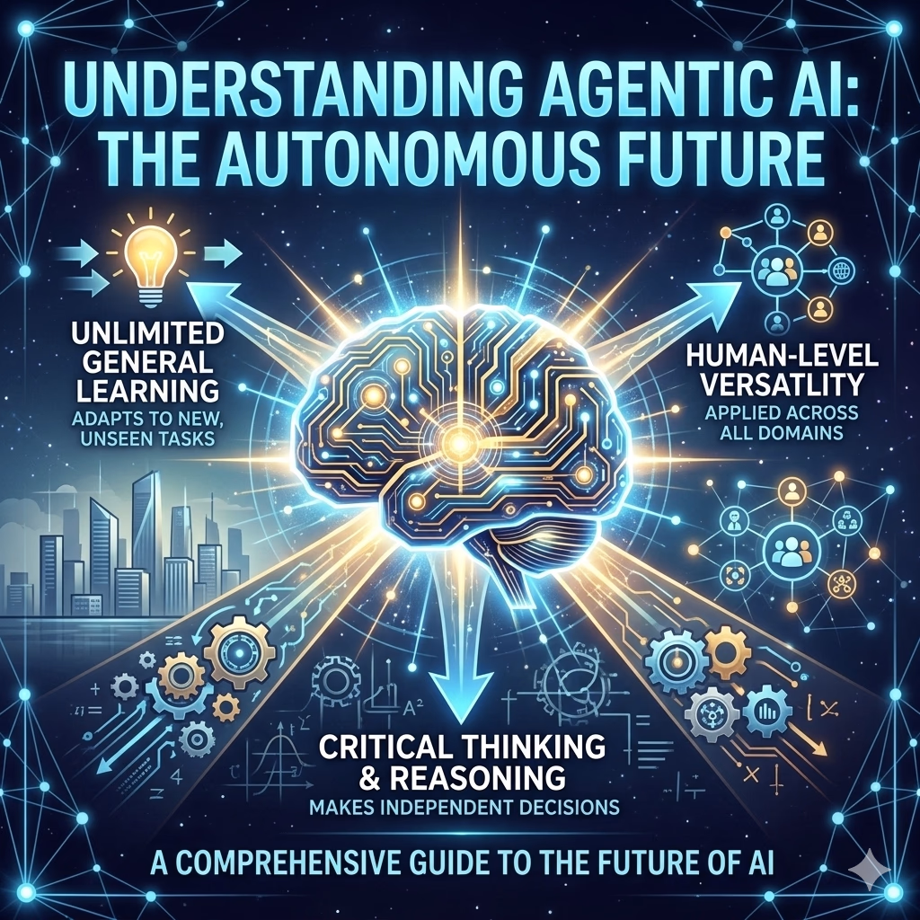 A technical infographic about Agentic AI featuring a glowing digital brain connected to gears and network nodes, representing autonomous decision-making, critical reasoning, and task execution.