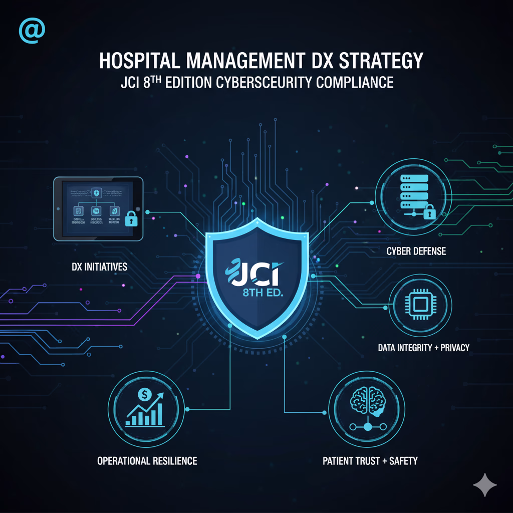 An infographic illustrating hospital DX strategy and JCI 8th Edition cybersecurity compliance. A central JCI 8th ED. shield connects to icons representing DX initiatives, cyber defense, data integrity, operational resilience, and patient trust. Header text: 'HOSPITAL MANAGEMENT DX STRATEGY'.