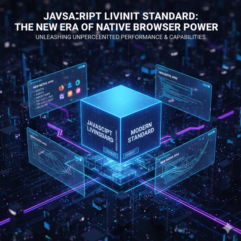 A digital 3D cube labeled "JavaScript Living Standard" surrounded by transparent floating screens displaying "NEW NATIVE APIS" and technical documentation in a dark tech-themed environment.