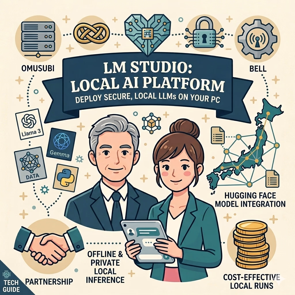 An educational illustration for LM Studio showing a man and a woman using a tablet, surrounded by icons for Llama 3, Gemma, Hugging Face integration, and private offline inference.