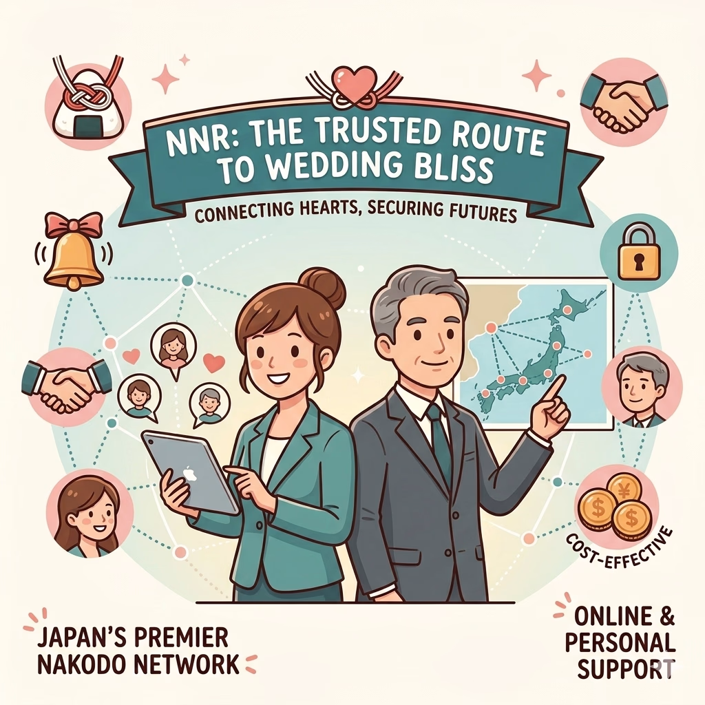 An illustration of NNR's marriage service showing a male counselor pointing to a Japan map network and a woman using a tablet, with icons for cost-effective, security, and online support.