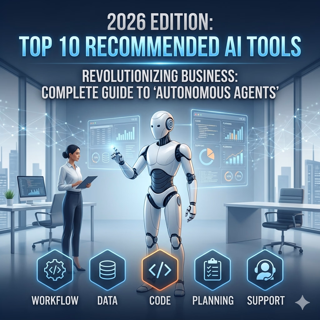 2026年のビジネスを革新する自律型エージェントとAIツールのコンセプト画像。洗練されたオフィスで人間と高度な人型ロボットが協力している様子。