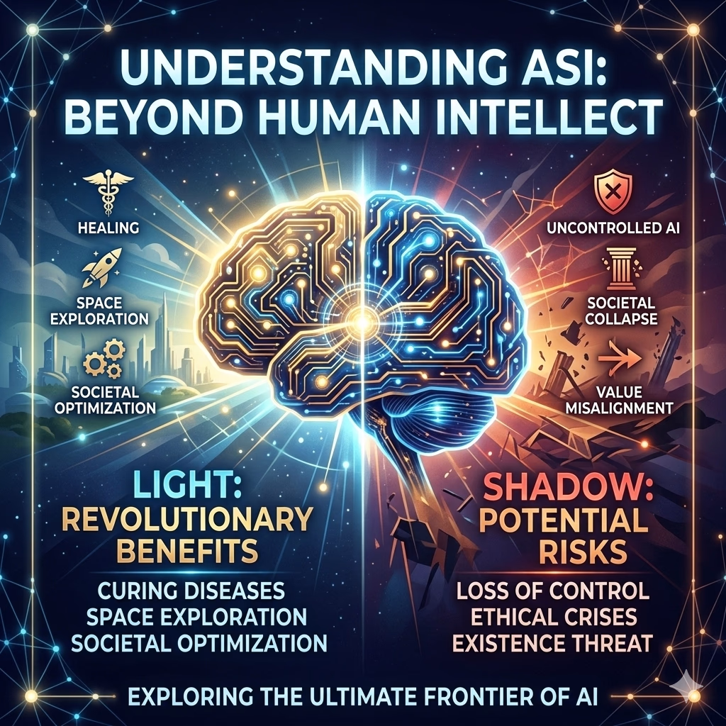 A conceptual infographic of ASI (Artificial Super Intelligence) shown as a digital brain, contrasting revolutionary benefits like healing and space exploration against potential risks like loss of control and ethical crises.