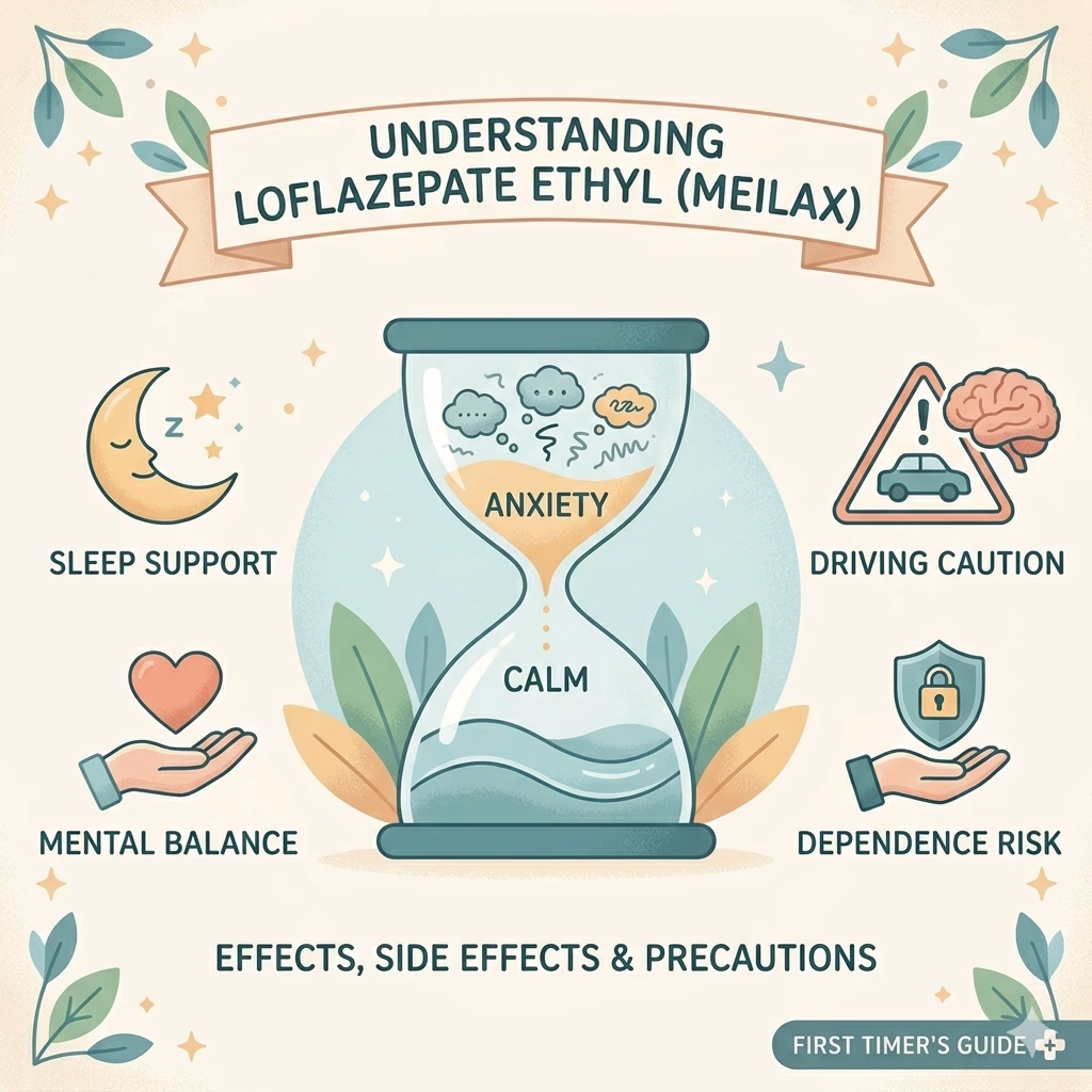 An educational illustration about Loflazepate Ethyl (Meilax) featuring an hourglass transitioning from 'Anxiety' to 'Calm', with icons for sleep support, mental balance, driving caution, and dependence risk.