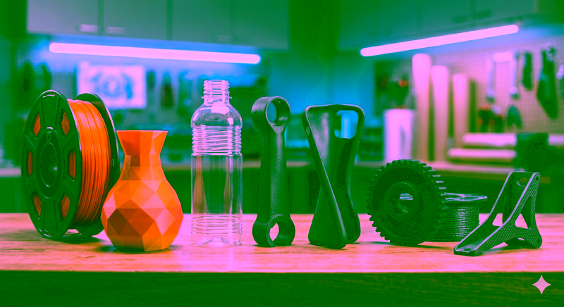 FDM方式でプリントされた、異なる素材（PLA、PETG、ABS、TPU、ナイロン、炭素繊維複合）のオブジェクトと、そのフィラメントスプールを並べて撮影したクローズアップ写真。