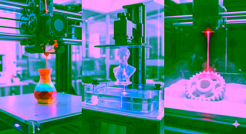 FDM、SLA/MSLA、SLSの3つの3Dプリンティング方式の造形プロセスを並べて比較した詳細な写真。