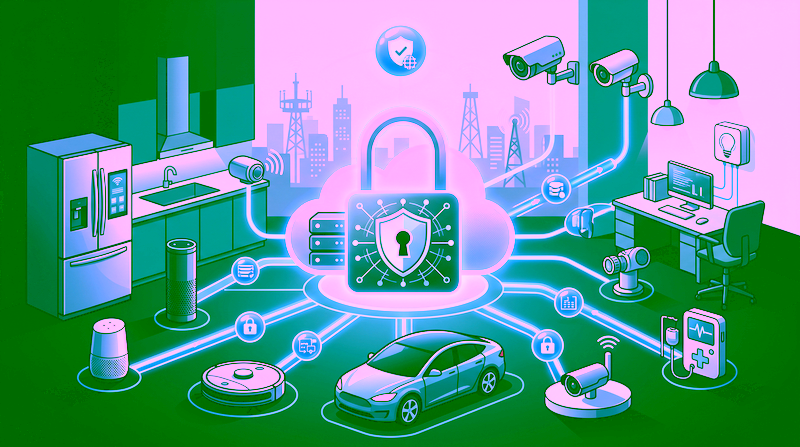 IoTネットワークと様々なデバイス（家電、車両、産業機器）がセキュアに接続され、中央で保護されている様子を表す現代的な概念図