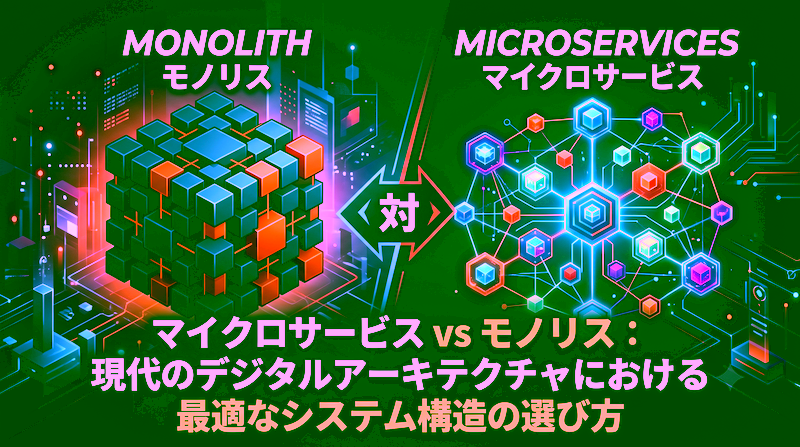マイクロサービスとモノリスのアーキテクチャ比較イメージ画像。左側に一体型の大きなキューブ（モノリス）、右側に相互接続された小さなノード群（マイクロサービス）が並び、中央に記事タイトル「マイクロサービス vs モノリス」が配置されたアイキャッチ画像。